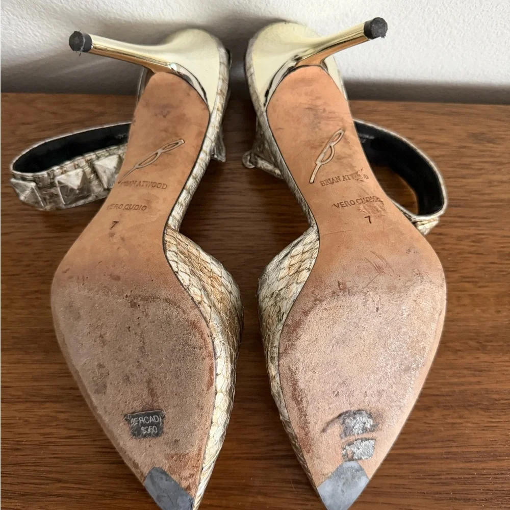 Brian Atwood Metallic Snakeskin Pumps – Embellished Ankle Strap